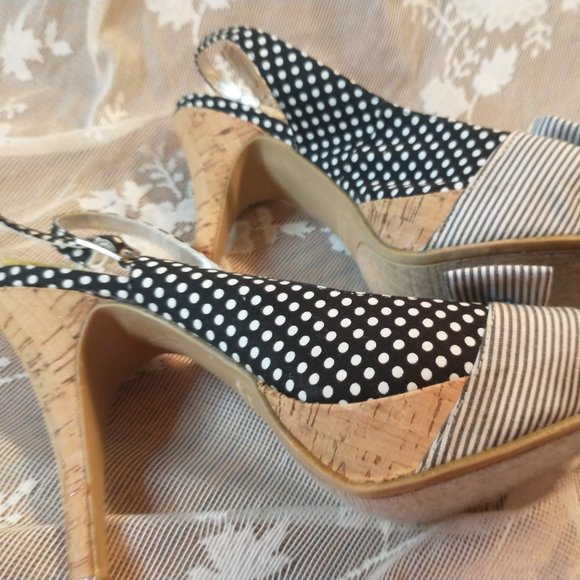 Rampage black white dot fabric platform stiletto sling back peep toe sz … - Picture 3 of 5